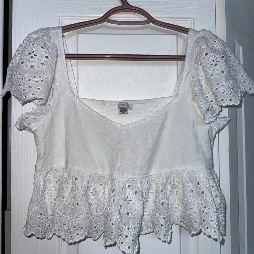 American Eagle Outfitters White Eyelet Peplum Crop Top with Square Neck